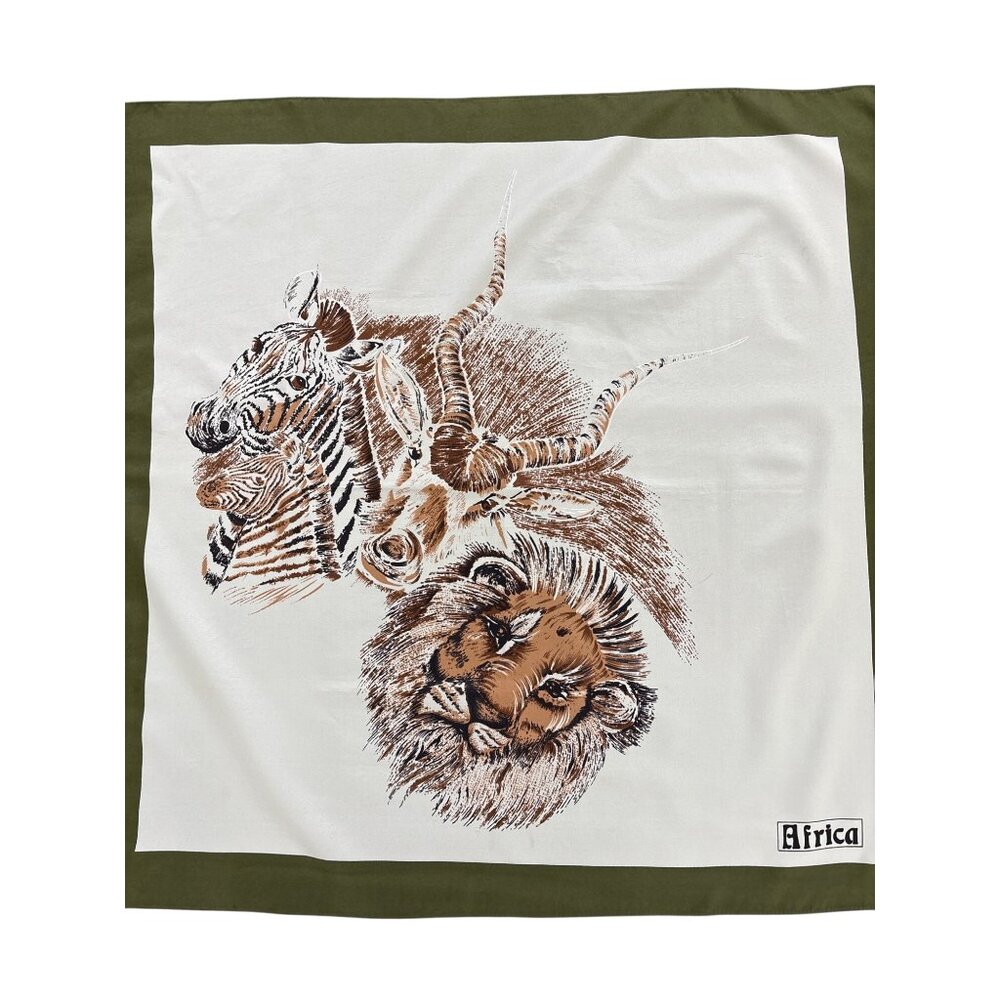 Vintage African Wildlife Print Scarf 28" Square Green & White Border Polyester H